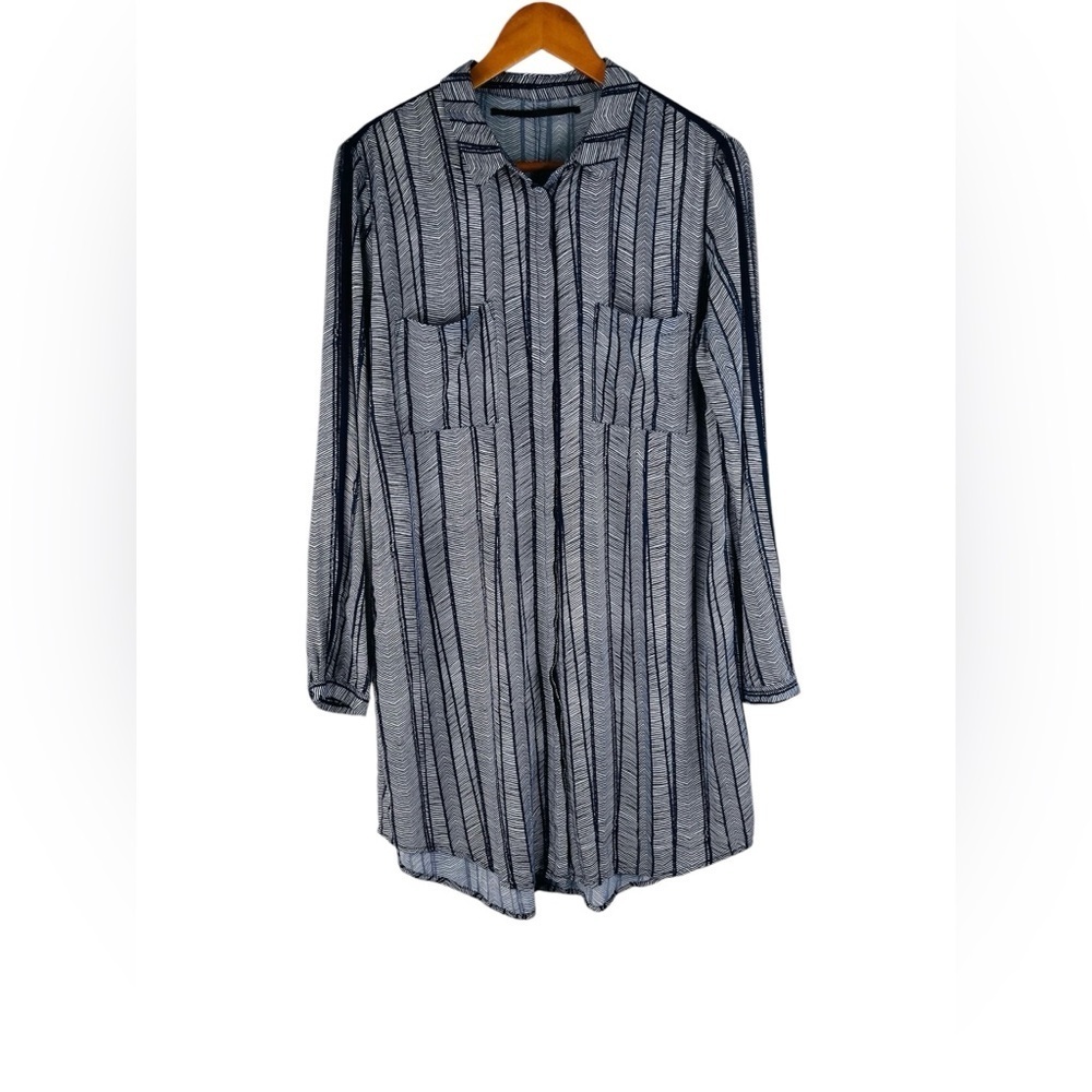 Just Female Women Arrow Long Striped Long Sleeve Shirt Navy White Rayon Size L